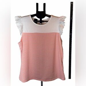 Elegant White and Pink Striped Blouse with Lace Accents XL